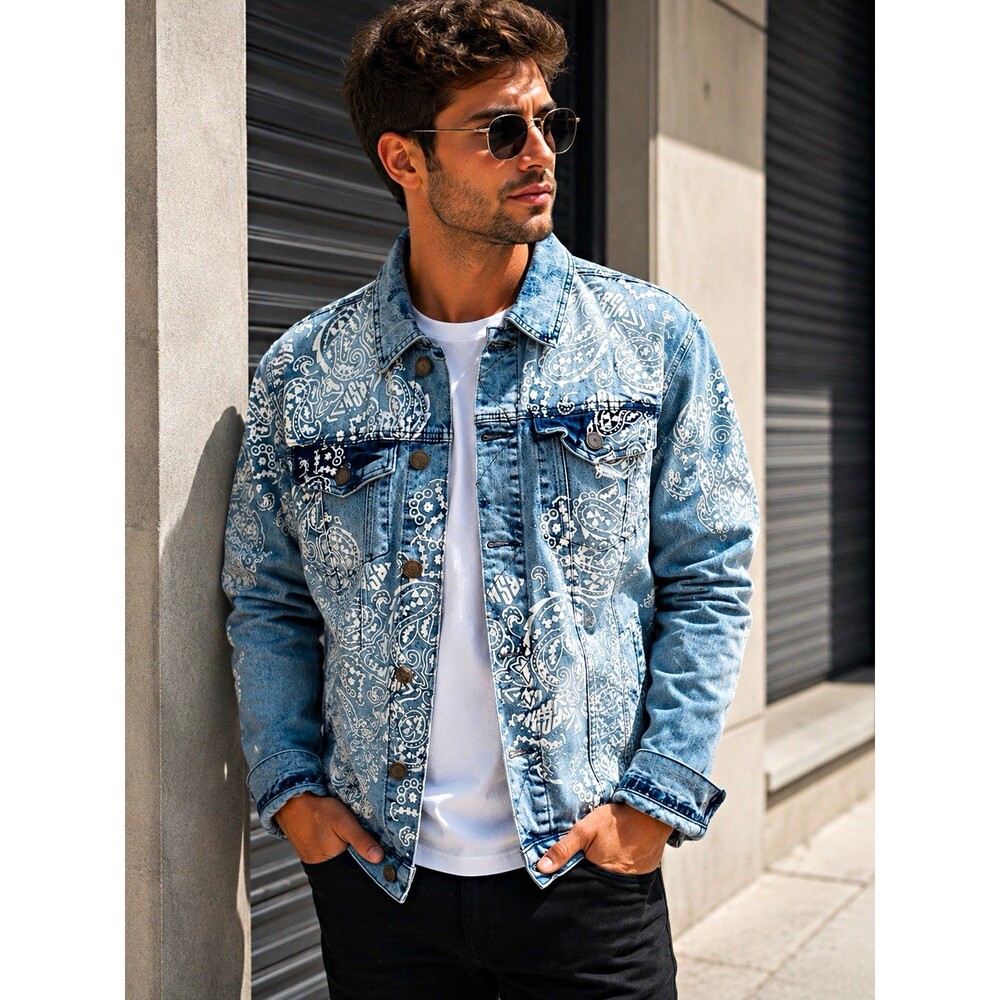 REASON Men's Blue & White Paisley Denim Jacket, Button Front, Size L Regular